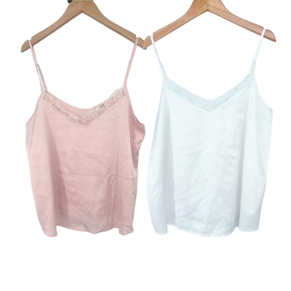 Zeagoo Cami Top Womens M Pink White Lace Trim Satin Lightweight 2 Pack Layering